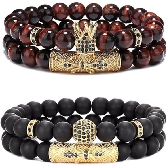 Mens Womens Crown King Bracelet Set Natural Tiger Eye Black Onyx Stone Beads - Picture 8 of 8